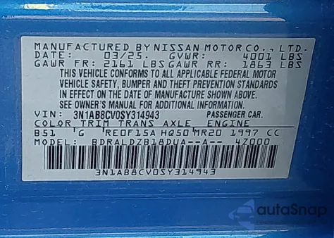 2025 Nissan Sentra Sv z USA, uszkodzony, nr VIN 3N1AB8CV0SY314943